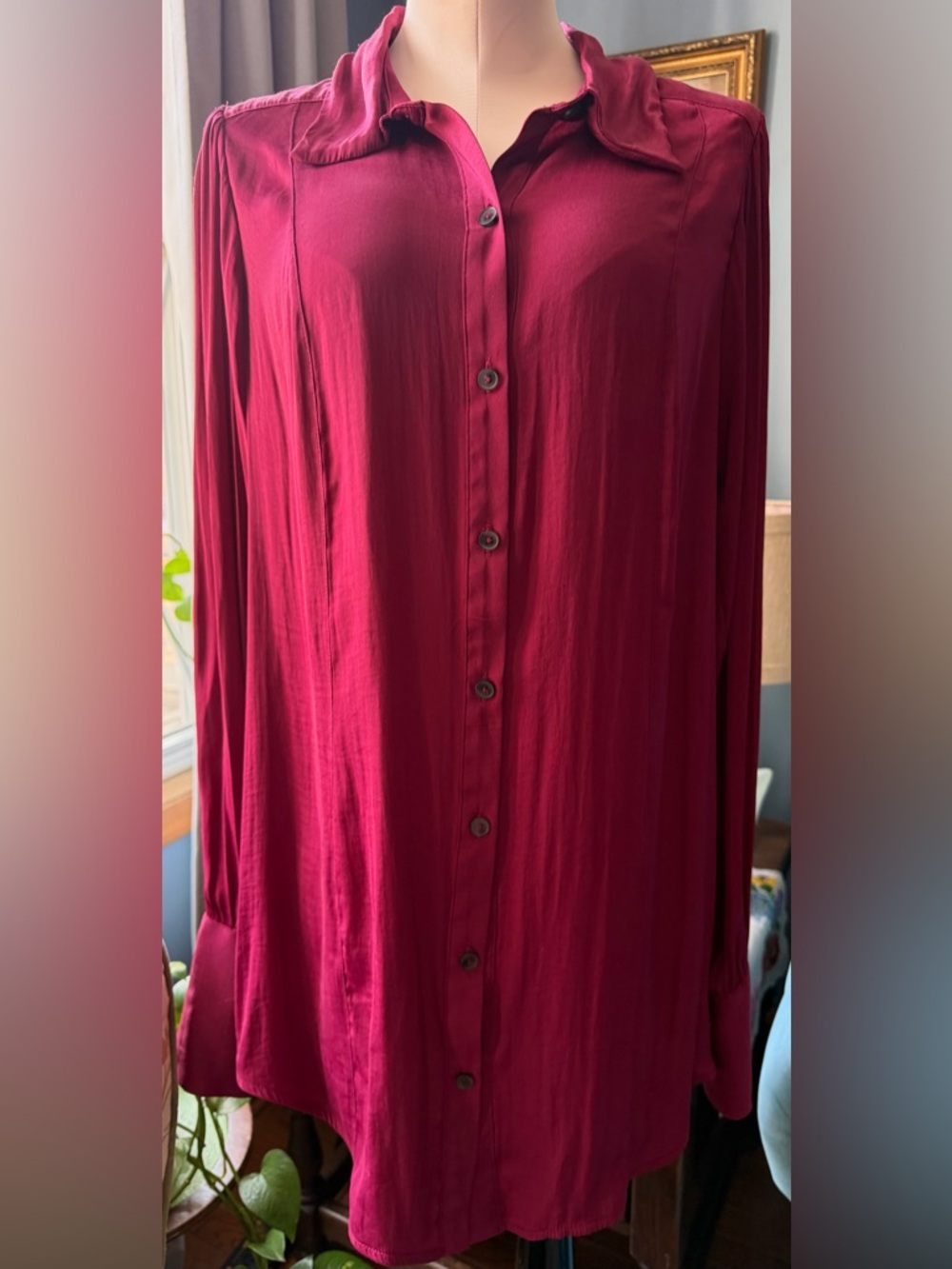 Free People Silky Long Sleeve Button Down magenta Colored Shirt Blouse Large